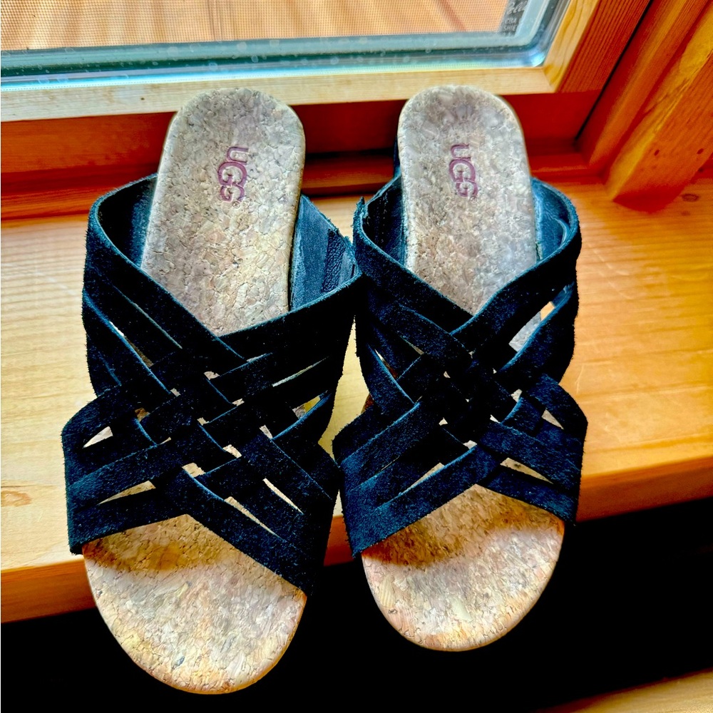 Ugg Lilah Black Suede Woven Wedge size 6